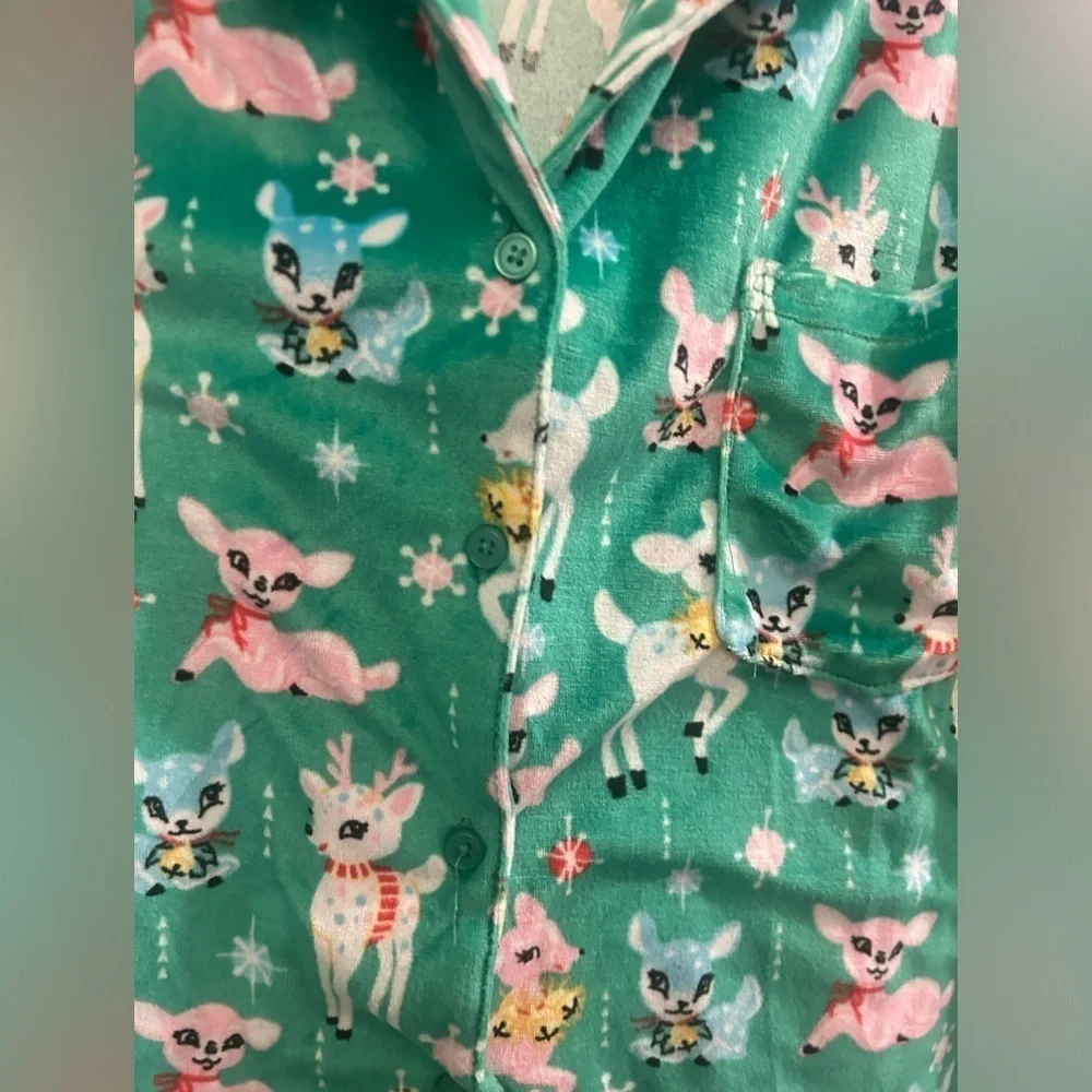 Girls XL 16-18 Holiday Pajama Top Button Down Deer Christmas Green Long Sleeve